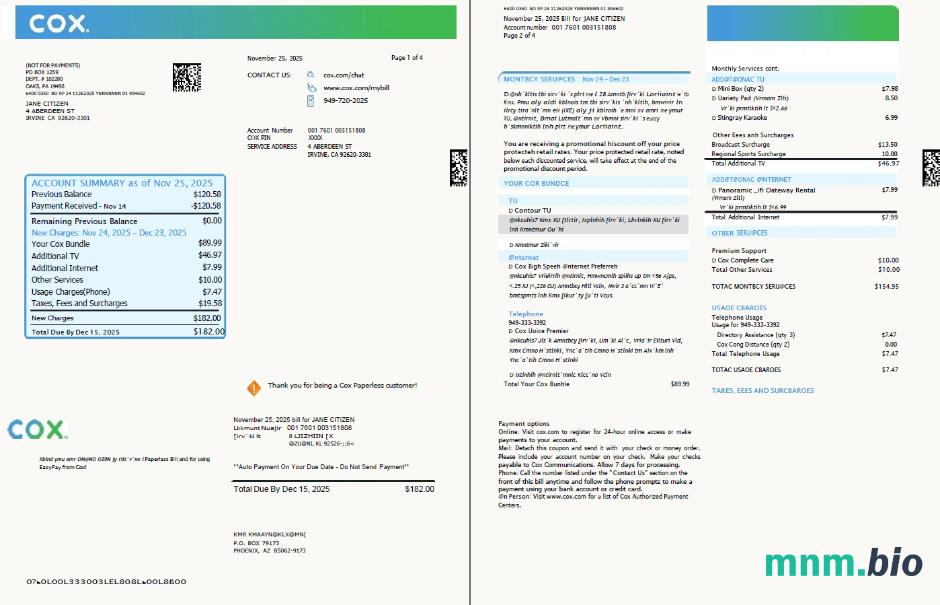 Szablon rachunku za media USA Cox w formatach Word i PDF, 4 strony, 1-2 strony